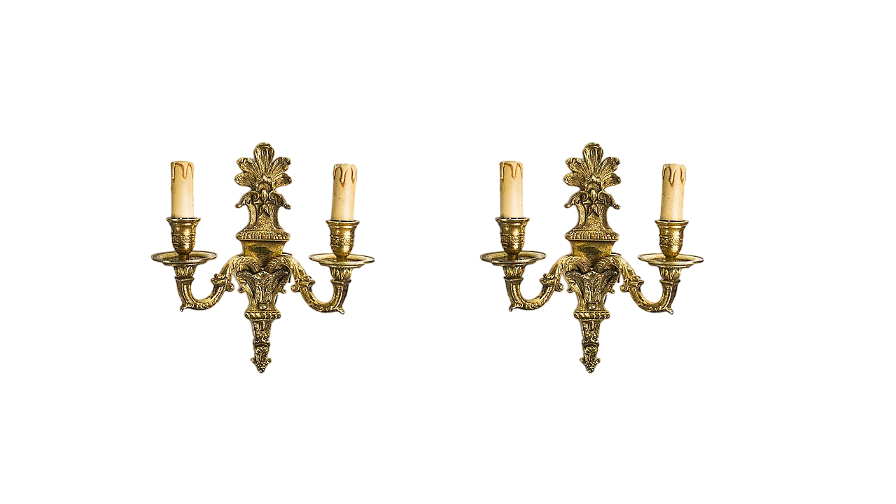 Pair of golden brass wall sconces in Baroque style, 1950s 11