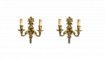 Pair of golden brass wall sconces in Baroque style, 1950s