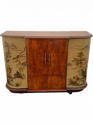 Art Déco bar cabinet in walnut feather & chinoiserie lacquer, 1920s