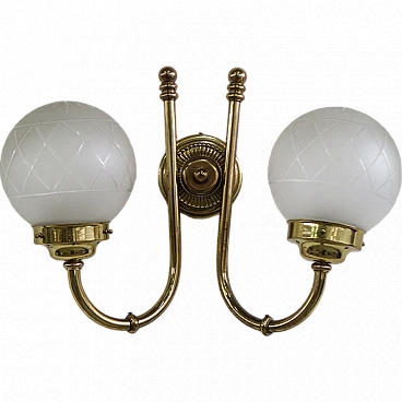 Gilded brass and glass wall sconce with two arms, 1950s