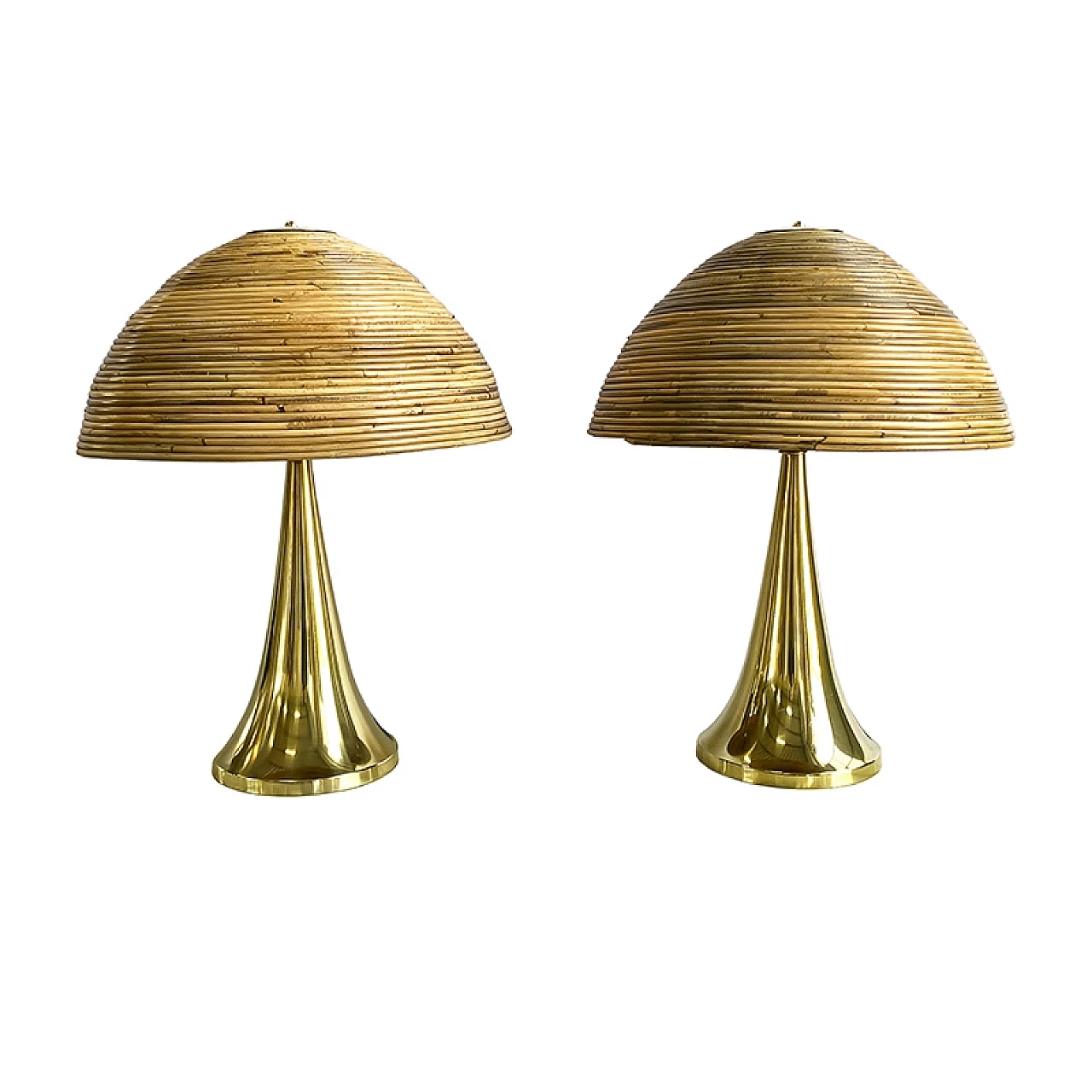 Pair of polished brass table lamps with bamboo diffuser, 1940s 1