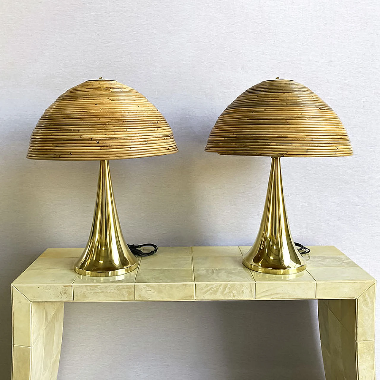 Pair of polished brass table lamps with bamboo diffuser, 1940s 2