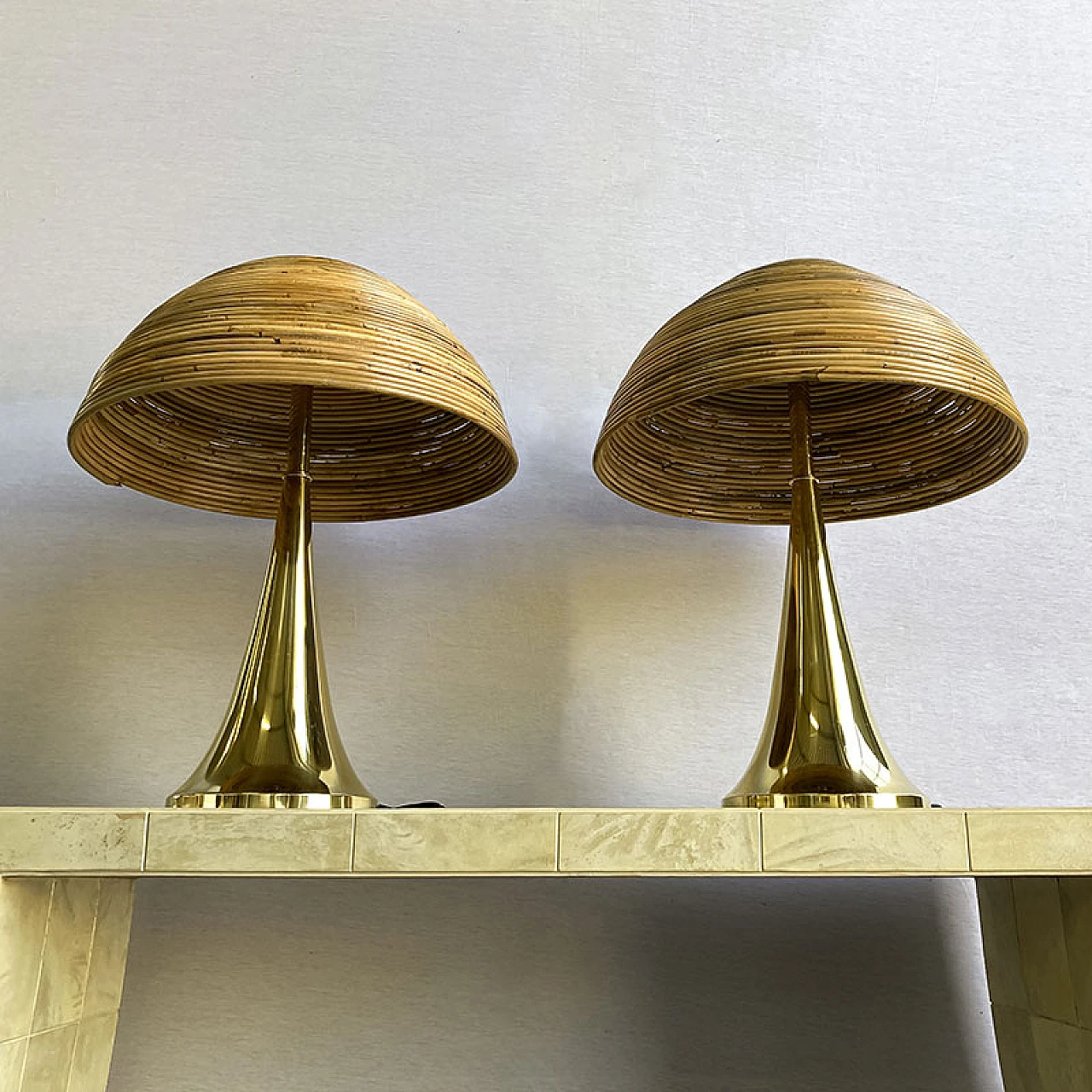 Pair of polished brass table lamps with bamboo diffuser, 1940s 3