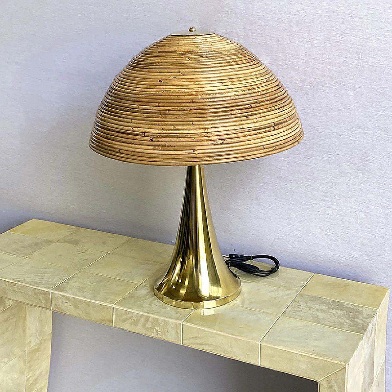 Pair of polished brass table lamps with bamboo diffuser, 1940s 4