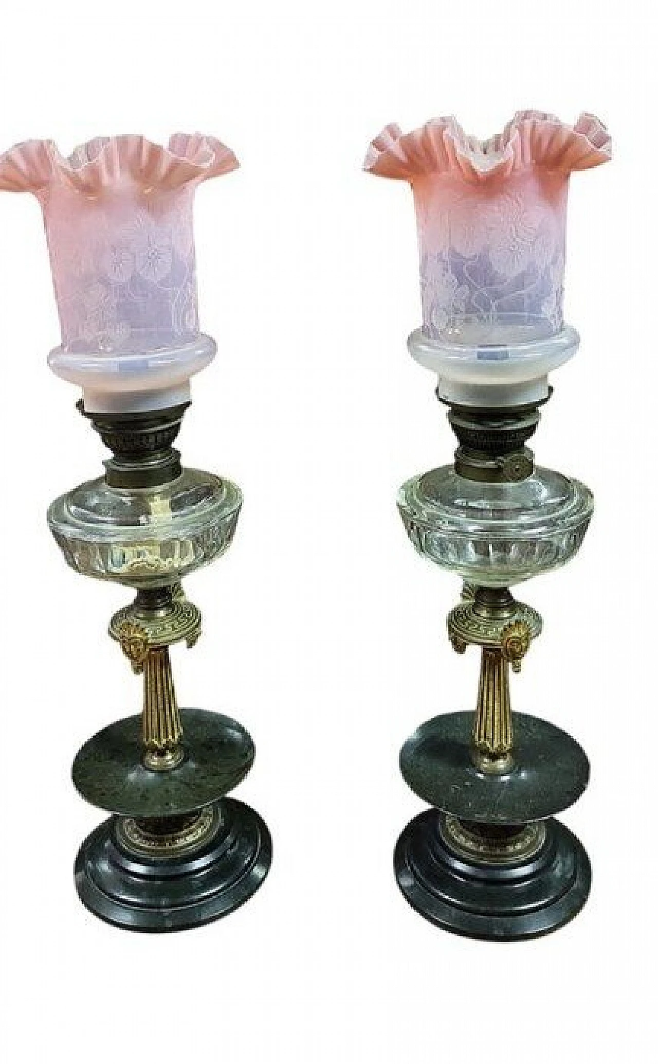 Pair of Napoleon III bronze, marble and glass oil lamps, 19th century 11