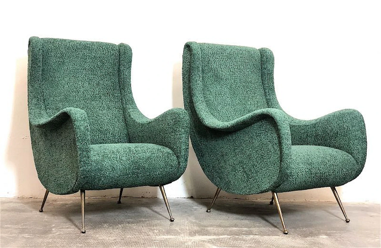 Pair of green fabric and brass armchairs by M. Zanuso, 1960s 1