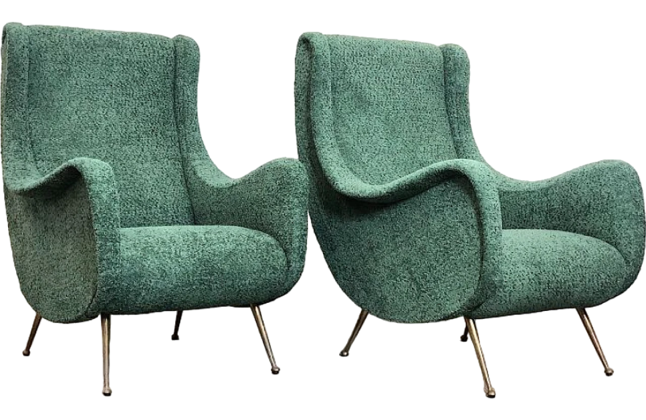 Pair of green fabric and brass armchairs by M. Zanuso, 1960s 2