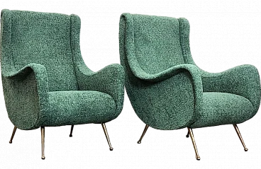 Pair of green fabric and brass armchairs by M. Zanuso, 1960s