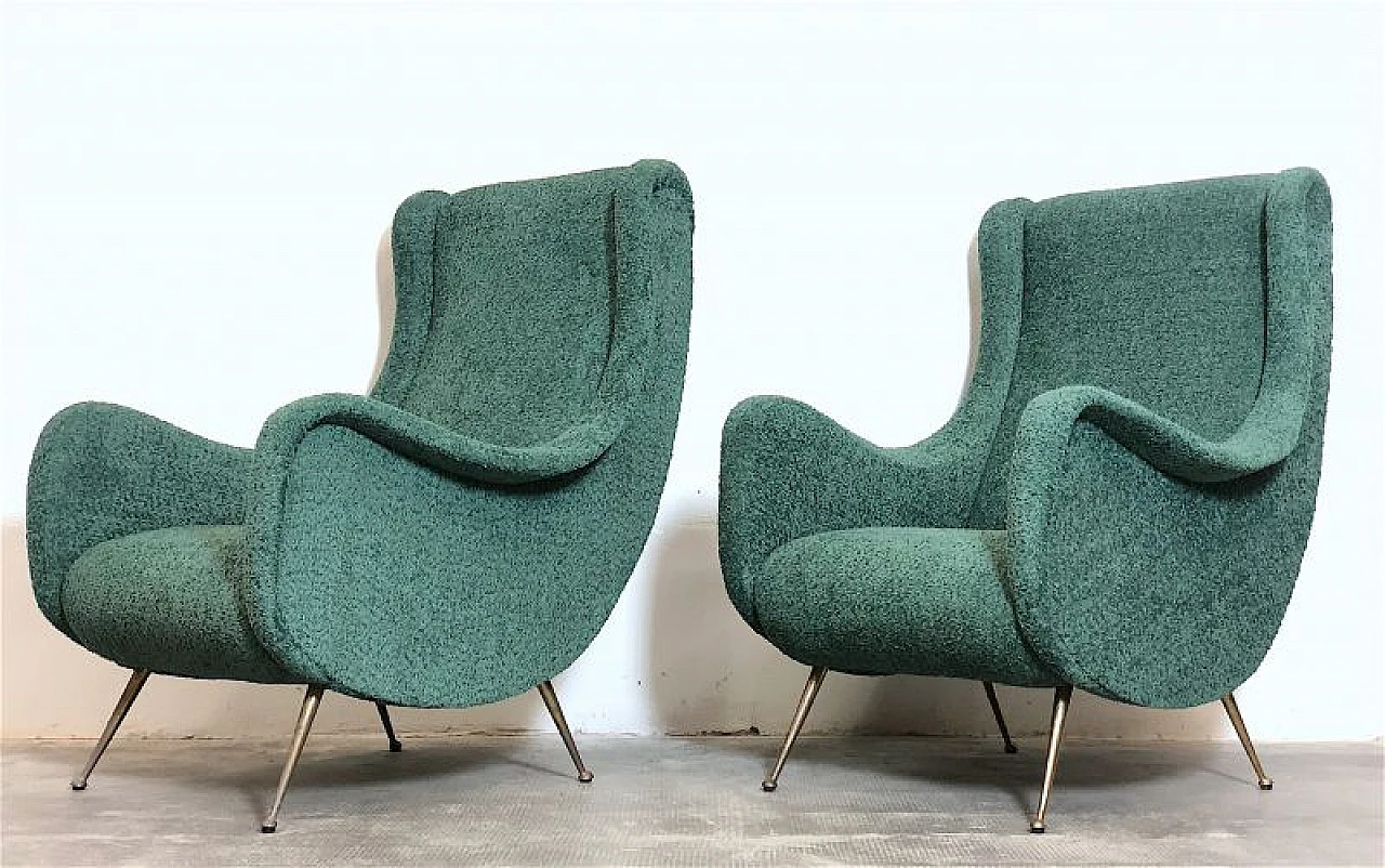 Pair of green fabric and brass armchairs by M. Zanuso, 1960s 3