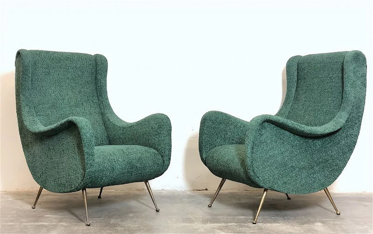 Pair of green fabric and brass armchairs by M. Zanuso, 1960s 4