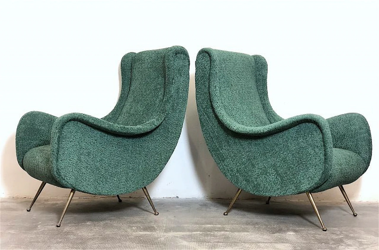 Pair of green fabric and brass armchairs by M. Zanuso, 1960s 6