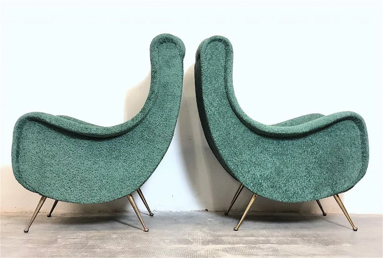 Pair of green fabric and brass armchairs by M. Zanuso, 1960s 7