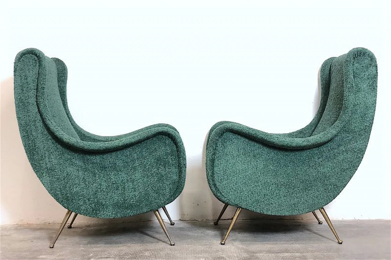 Pair of green fabric and brass armchairs by M. Zanuso, 1960s 9