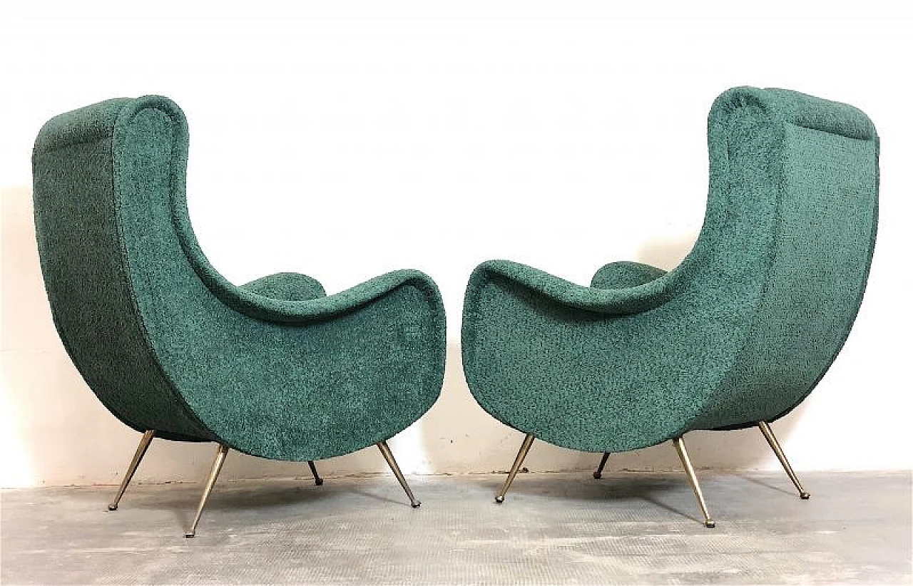 Pair of green fabric and brass armchairs by M. Zanuso, 1960s 10