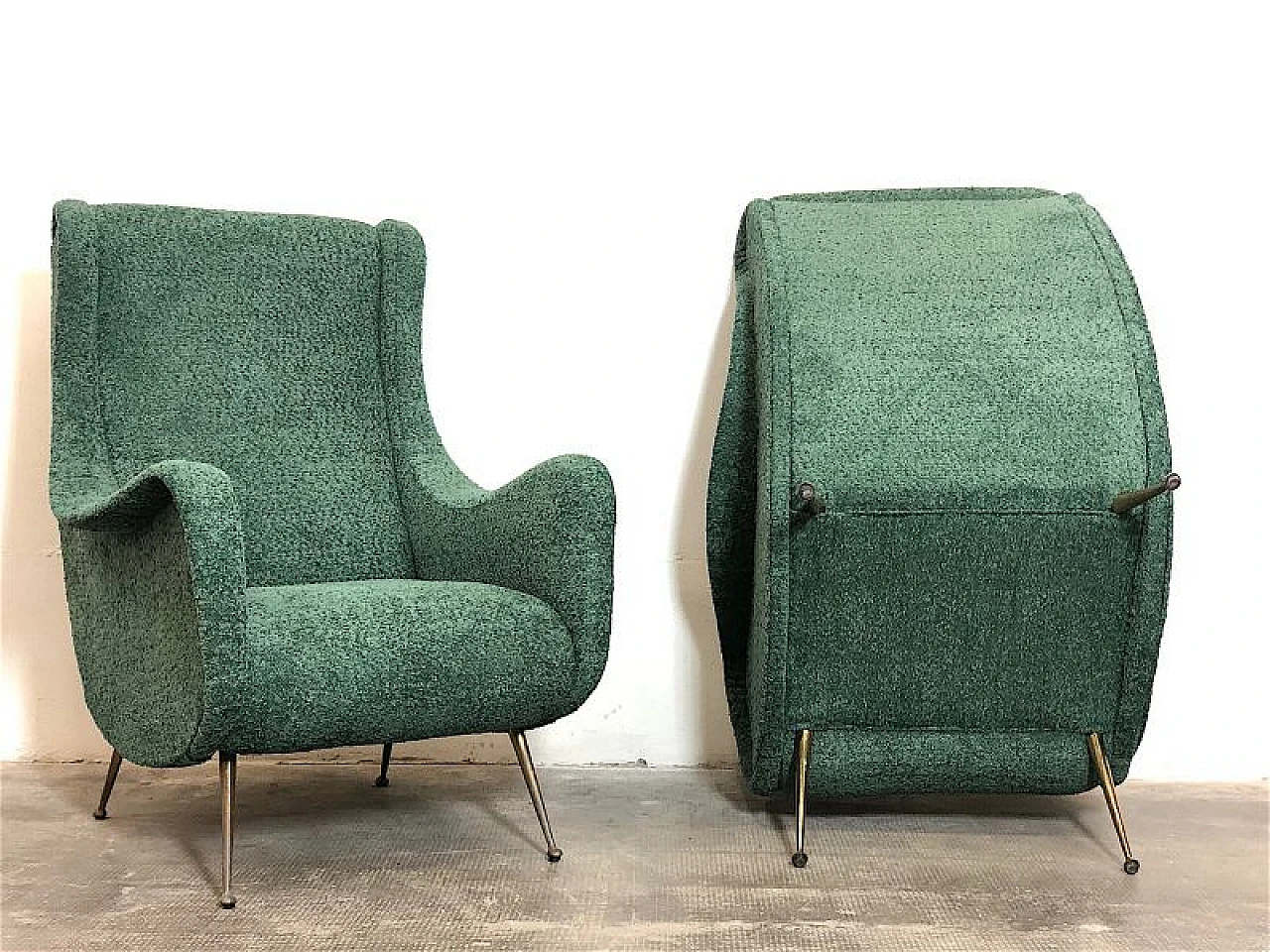 Pair of green fabric and brass armchairs by M. Zanuso, 1960s 14