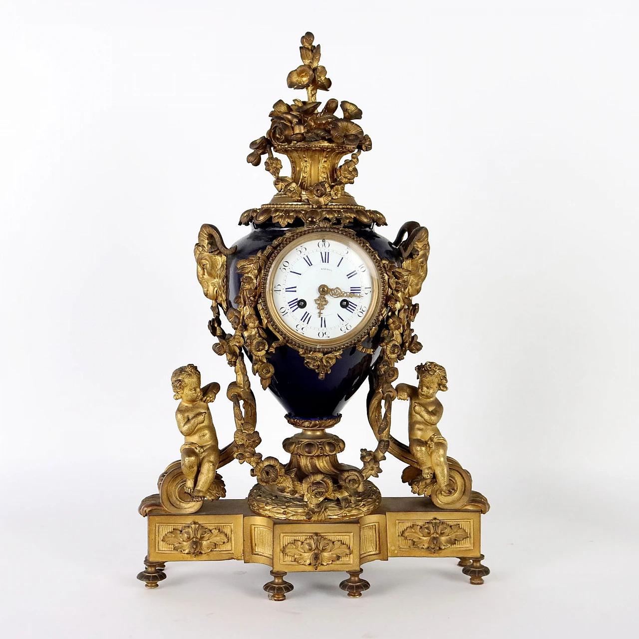 Triptych clock & candlesticks in blue porcelain & bronze, 19th century 3