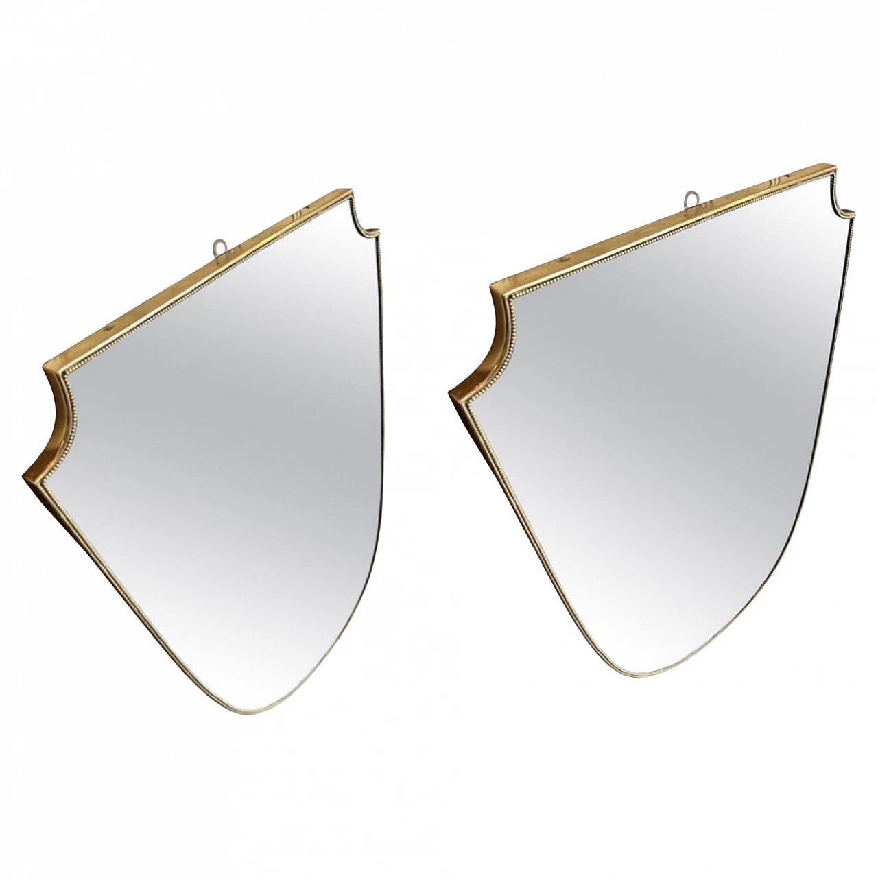 Pair of shield mirrors with brass frame in Gio Ponti style, 1960s 1