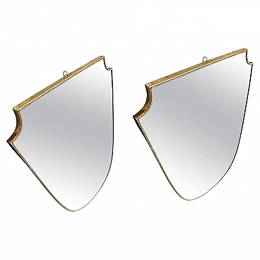 Pair of shield mirrors with brass frame in Gio Ponti style, 1960s