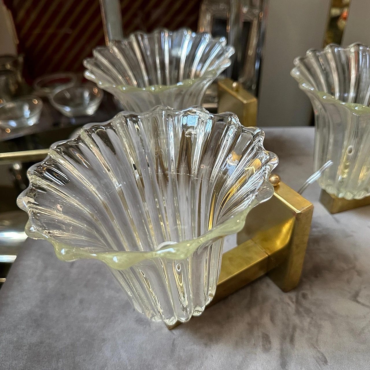 Brass & clear Murano glass wall sconces by Barovier, 1940s 8