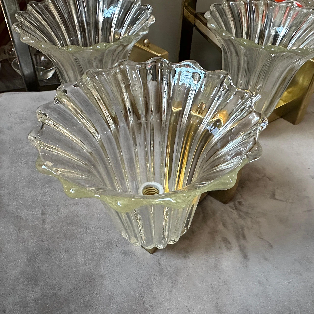 Brass & clear Murano glass wall sconces by Barovier, 1940s 9