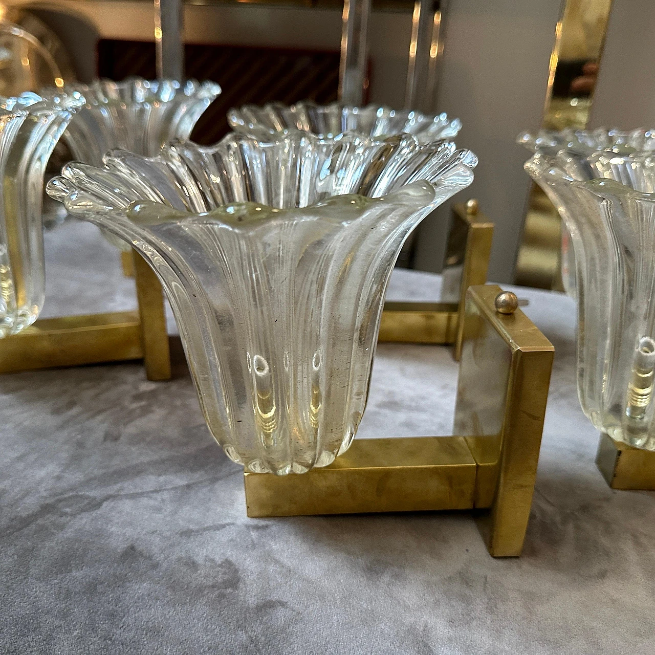 Brass & clear Murano glass wall sconces by Barovier, 1940s 10