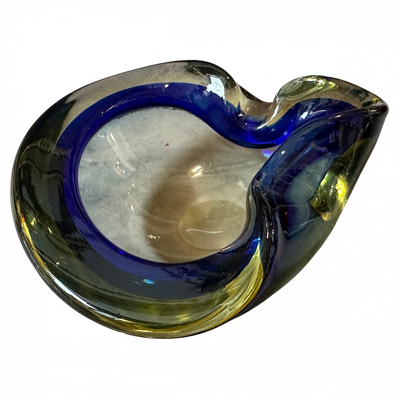 Yellow & blue Sommerso Murano glass ashtray by F. Poli, 1970s 1