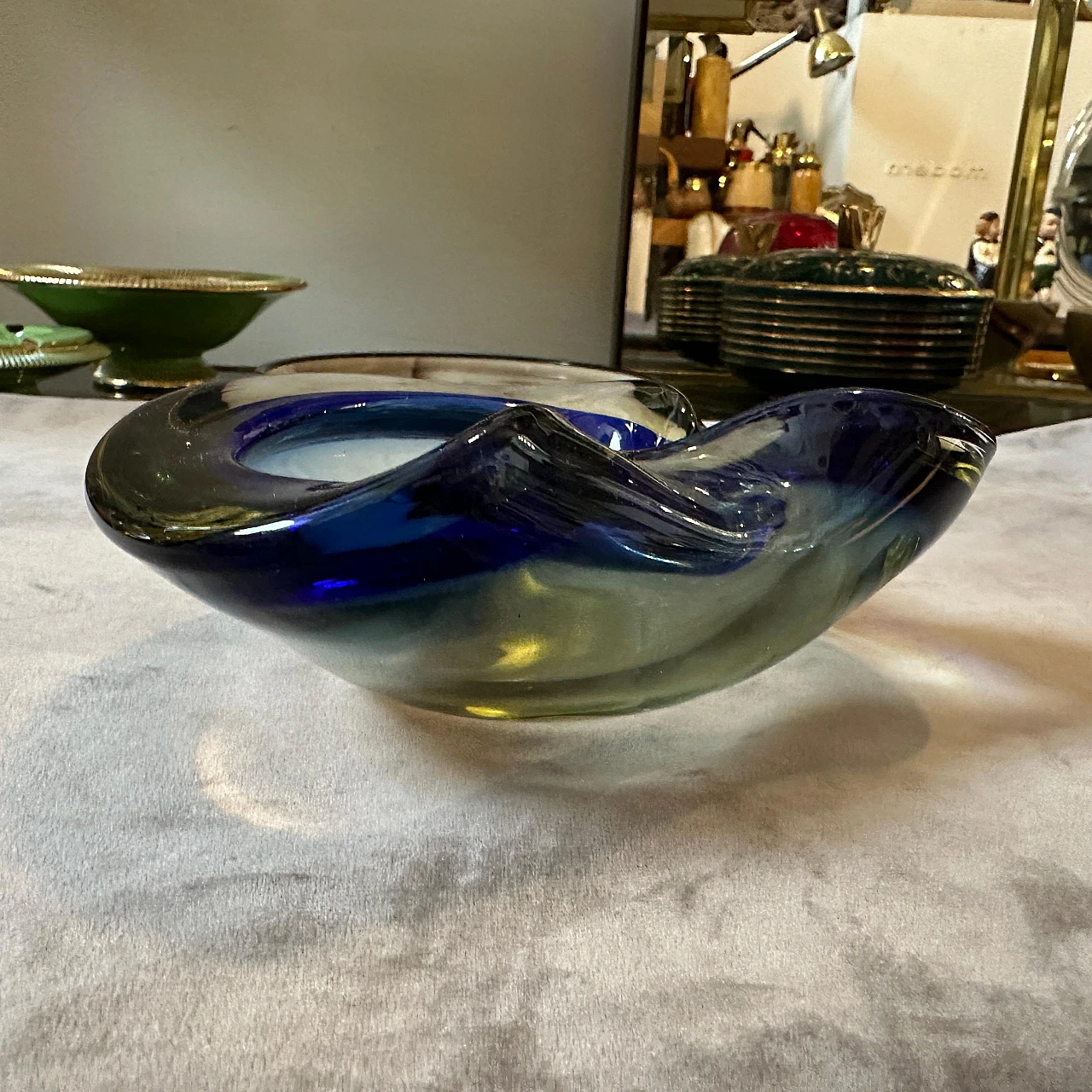 Yellow & blue Sommerso Murano glass ashtray by F. Poli, 1970s 3