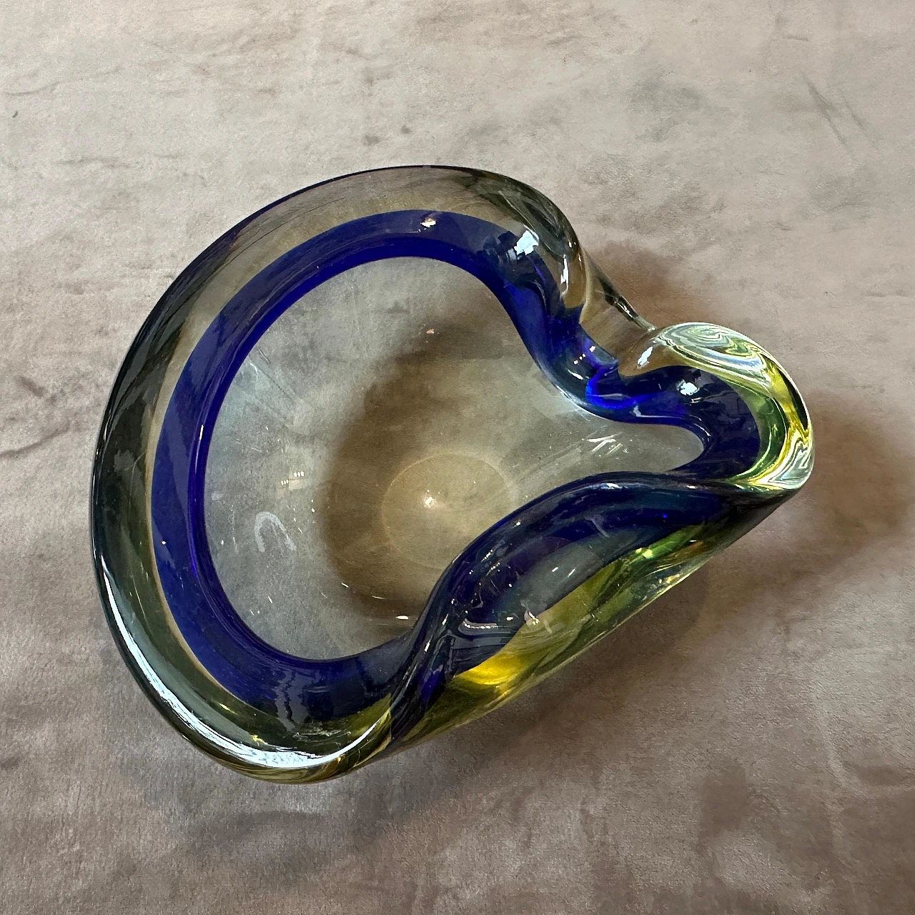 Yellow & blue Sommerso Murano glass ashtray by F. Poli, 1970s 4