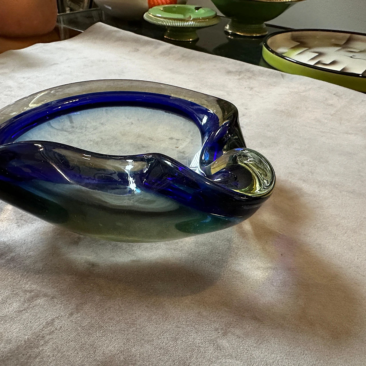 Yellow & blue Sommerso Murano glass ashtray by F. Poli, 1970s 5