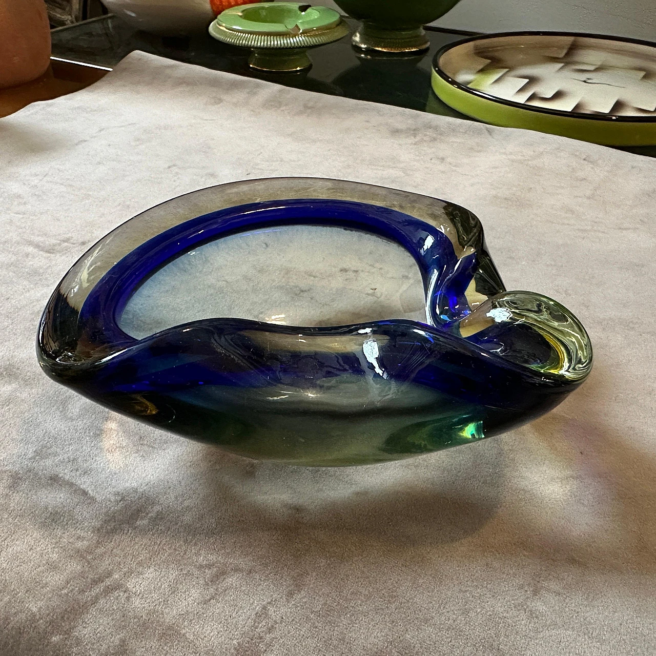 Yellow & blue Sommerso Murano glass ashtray by F. Poli, 1970s 7