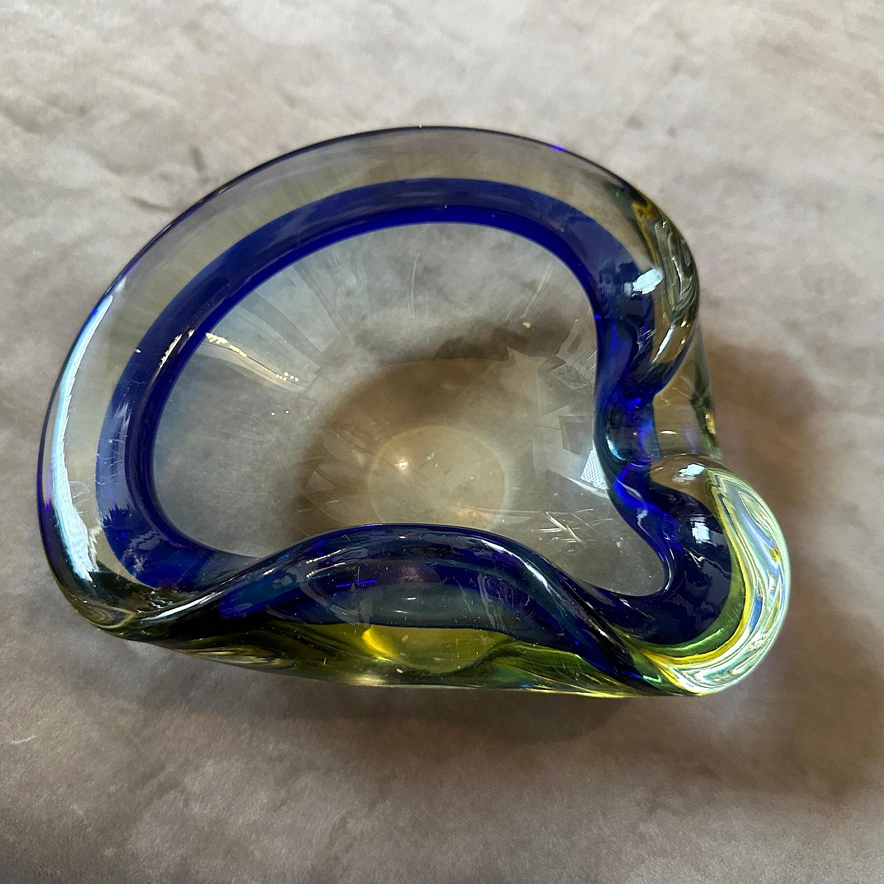 Yellow & blue Sommerso Murano glass ashtray by F. Poli, 1970s 8