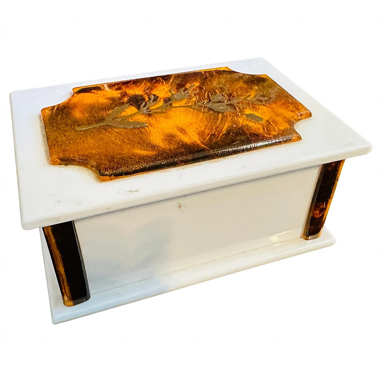 White & fake tortoise shell lucite rectangular vanity box, 1970s 1