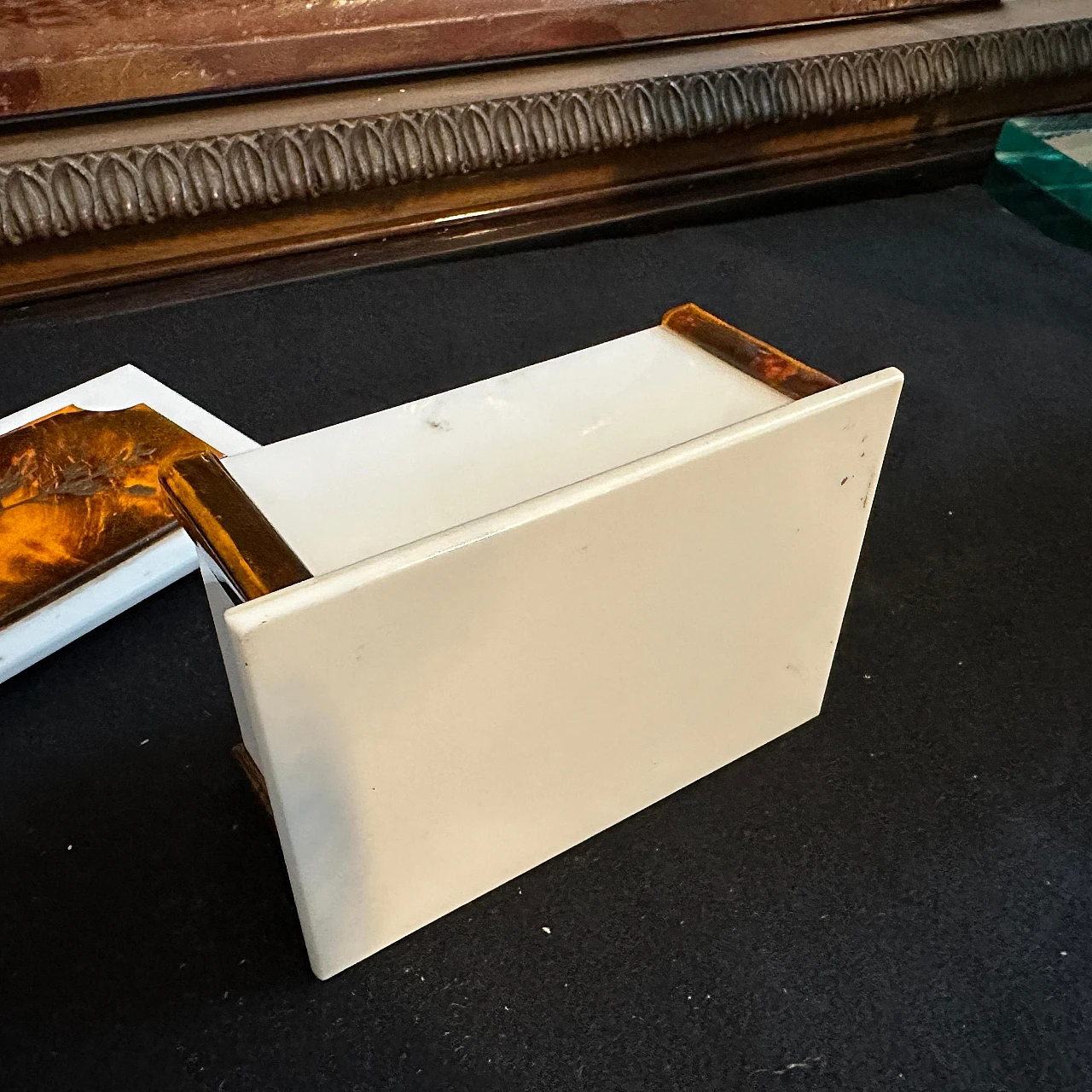 White & fake tortoise shell lucite rectangular vanity box, 1970s 9