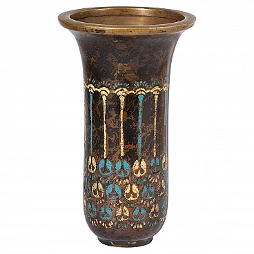 Vaso Art Déco in ottone cloisonné a motivi floreali, anni '20