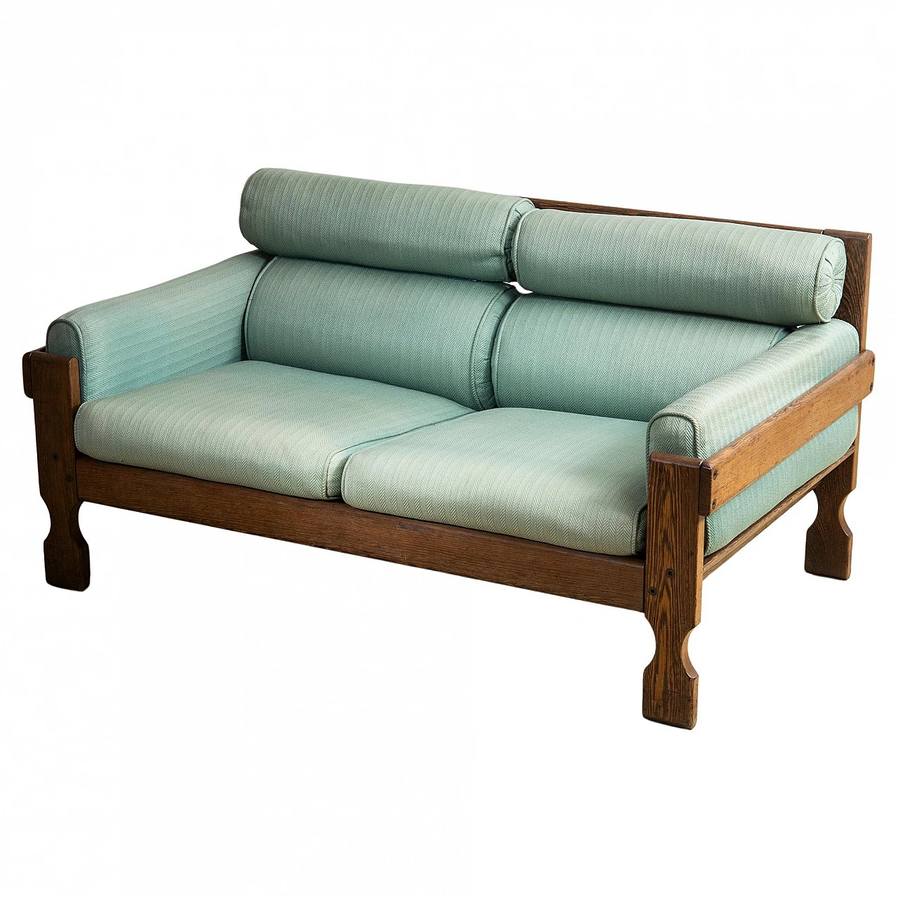 Two-seater sofa in zebrano wood and teal fabric, 1950s 1