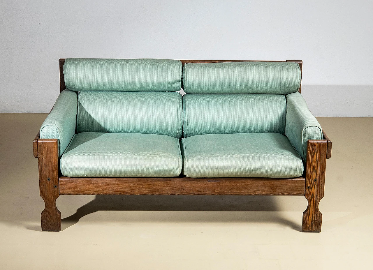 Two-seater sofa in zebrano wood and teal fabric, 1950s 2