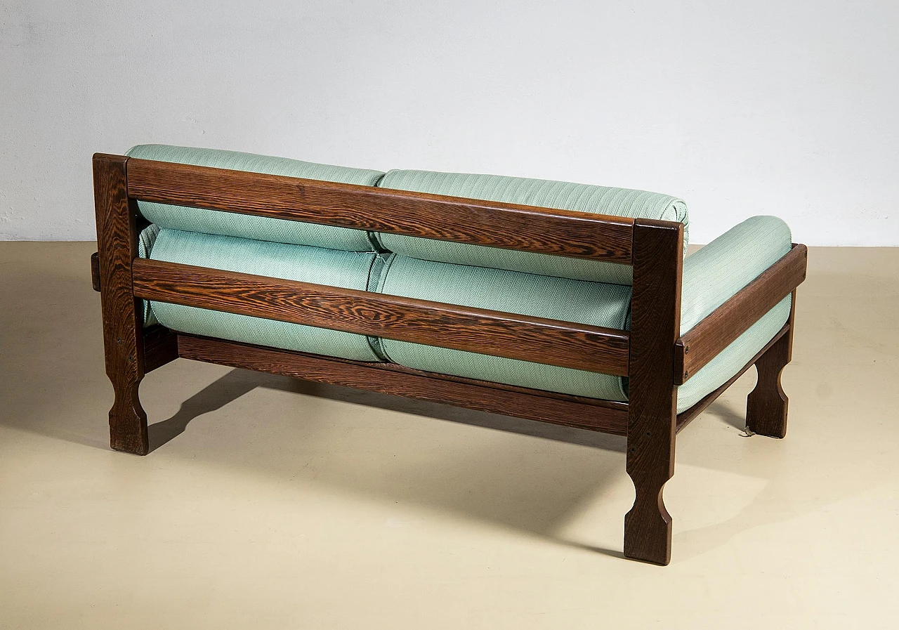 Two-seater sofa in zebrano wood and teal fabric, 1950s 3