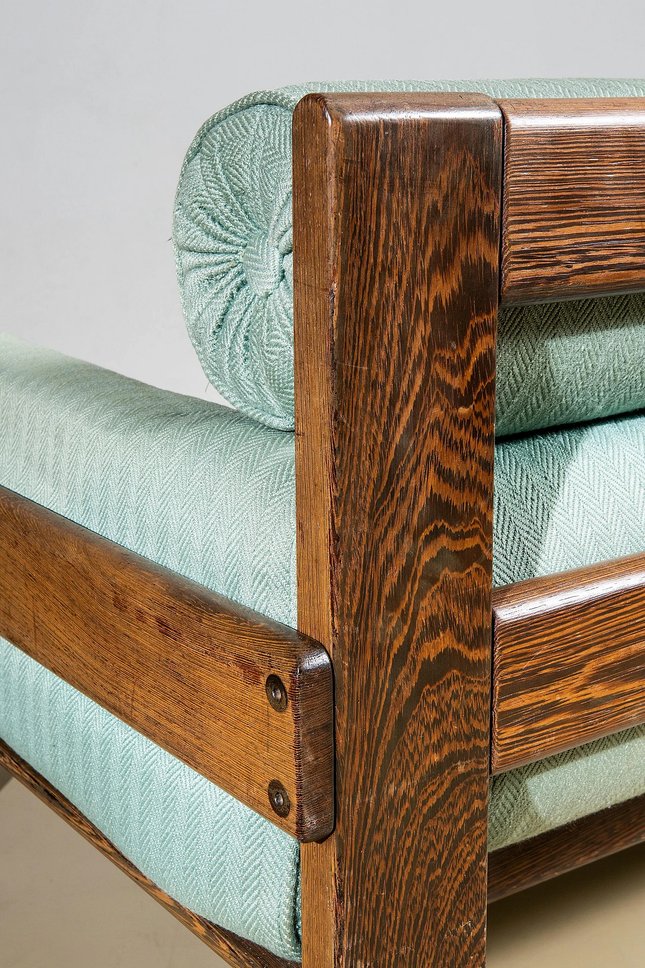 Two-seater sofa in zebrano wood and teal fabric, 1950s 5