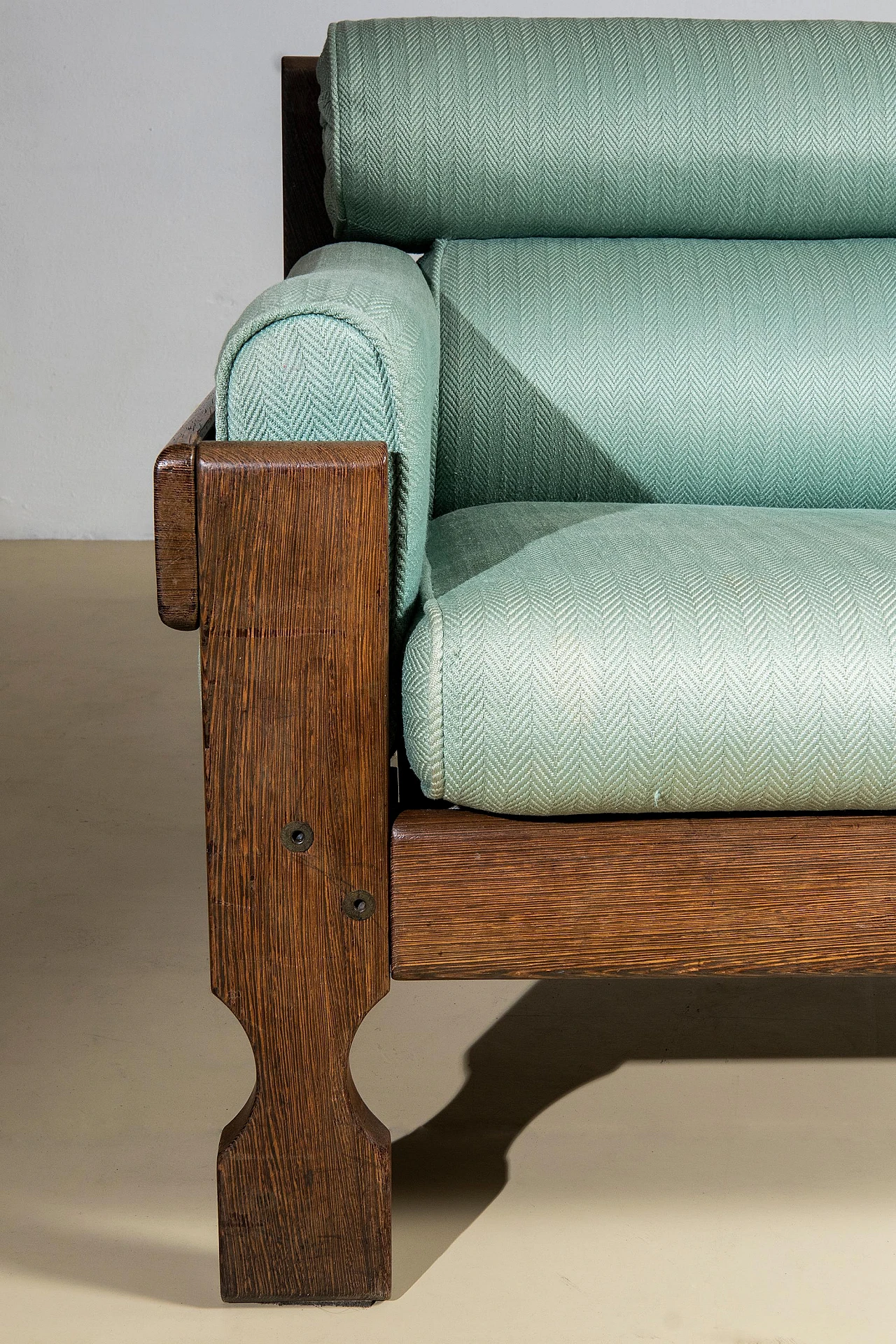 Two-seater sofa in zebrano wood and teal fabric, 1950s 6