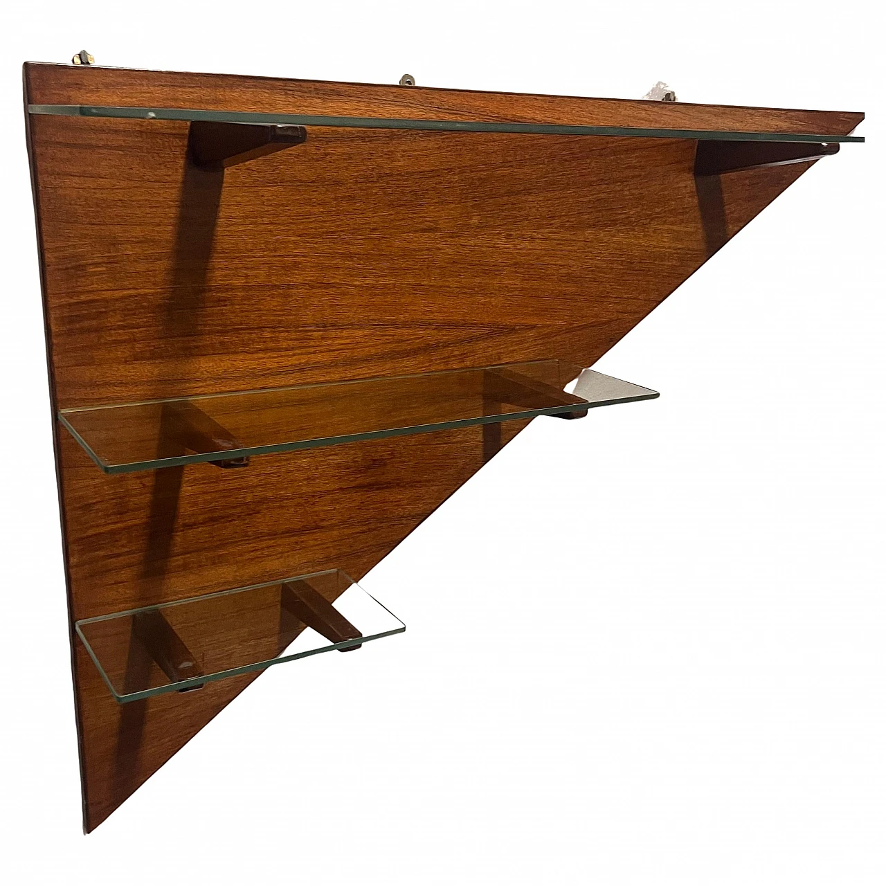 Triangular wood wall bookcase with glass shelves, 1960s 1