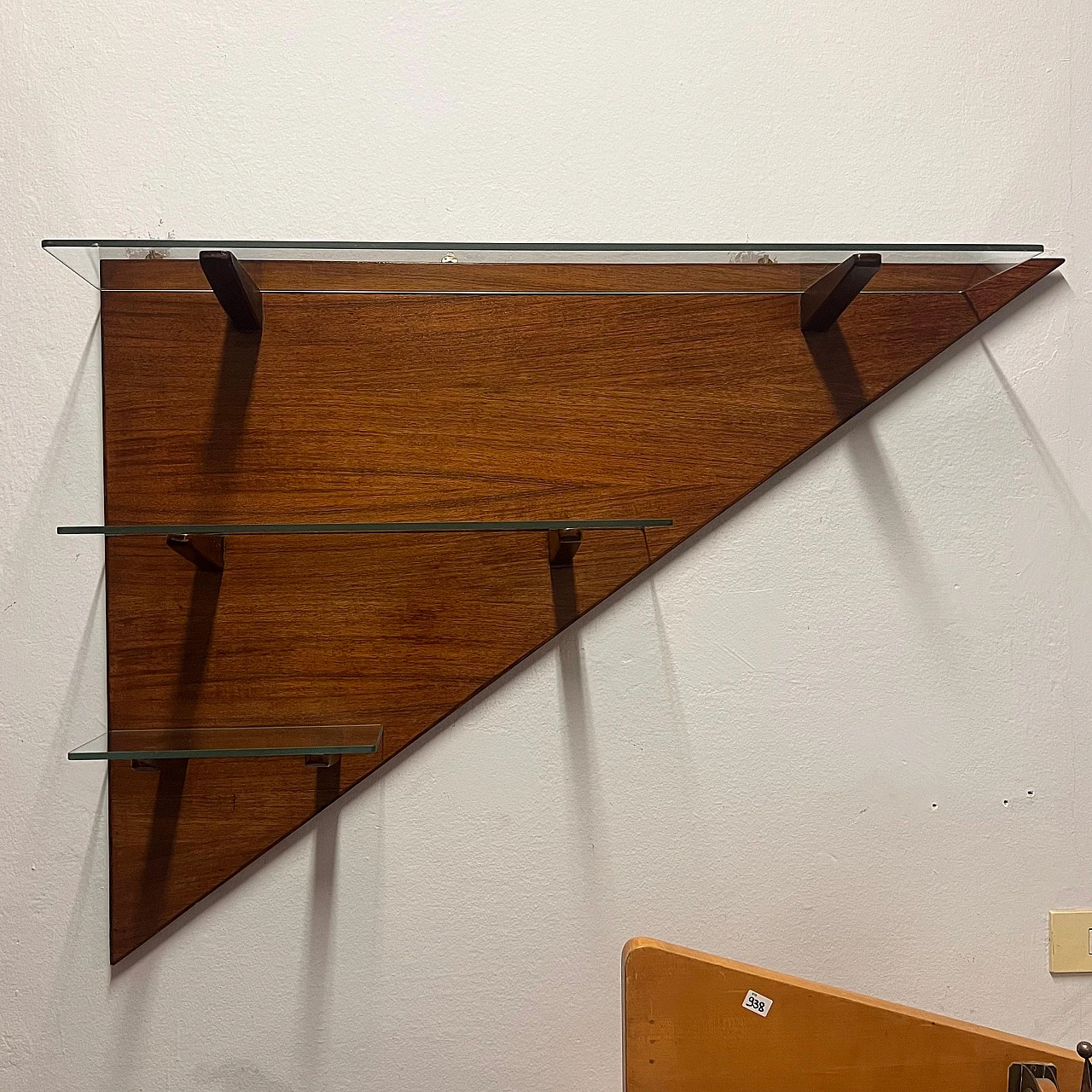 Triangular wood wall bookcase with glass shelves, 1960s 2