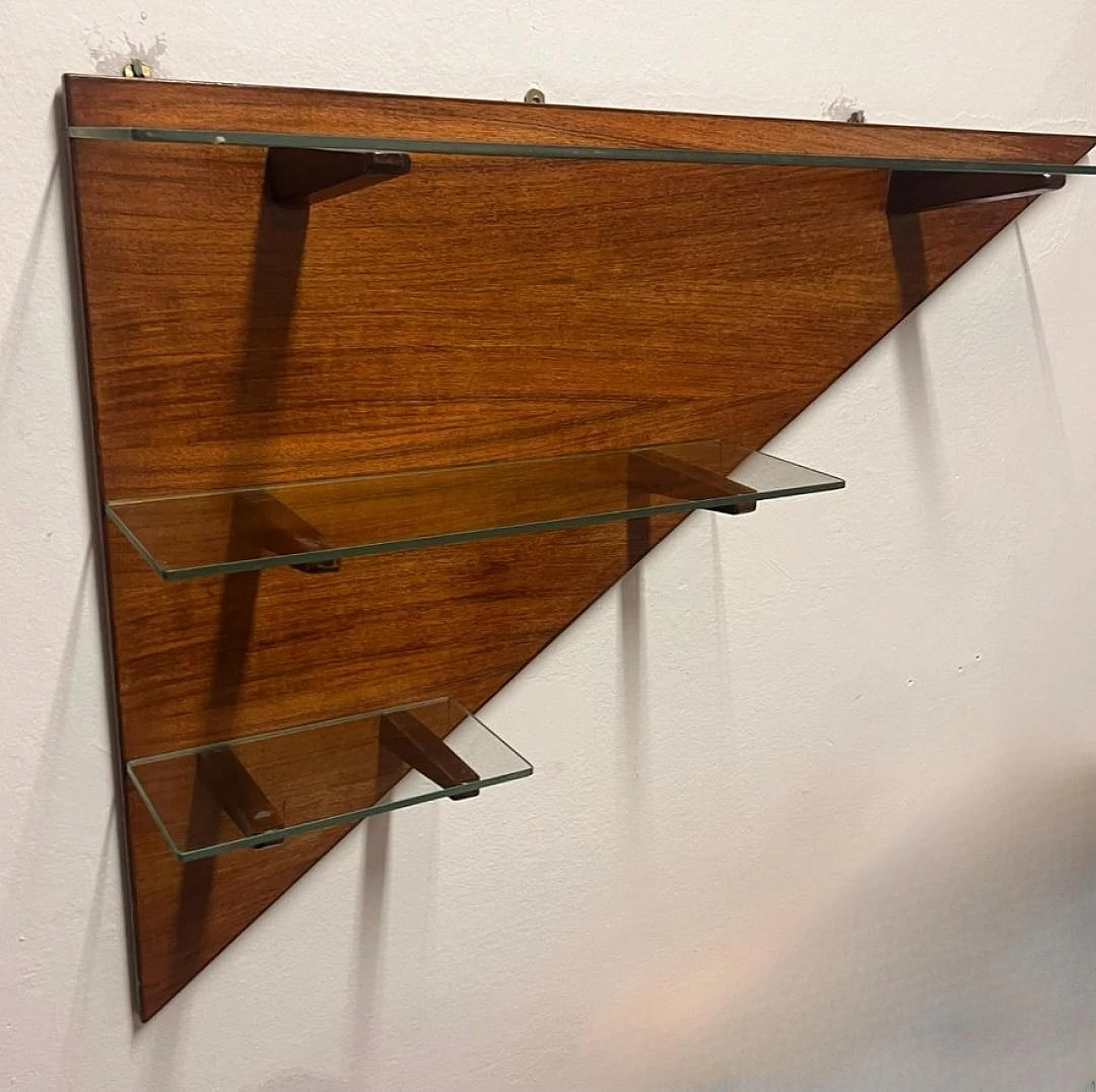 Triangular wood wall bookcase with glass shelves, 1960s 5