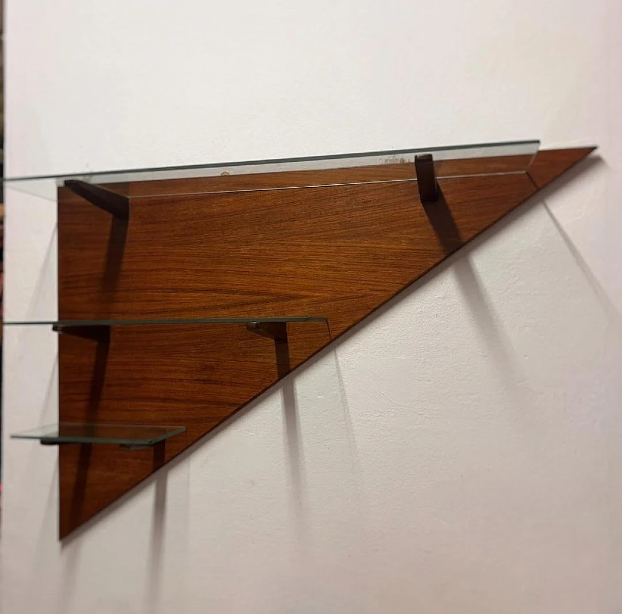 Triangular wood wall bookcase with glass shelves, 1960s 6