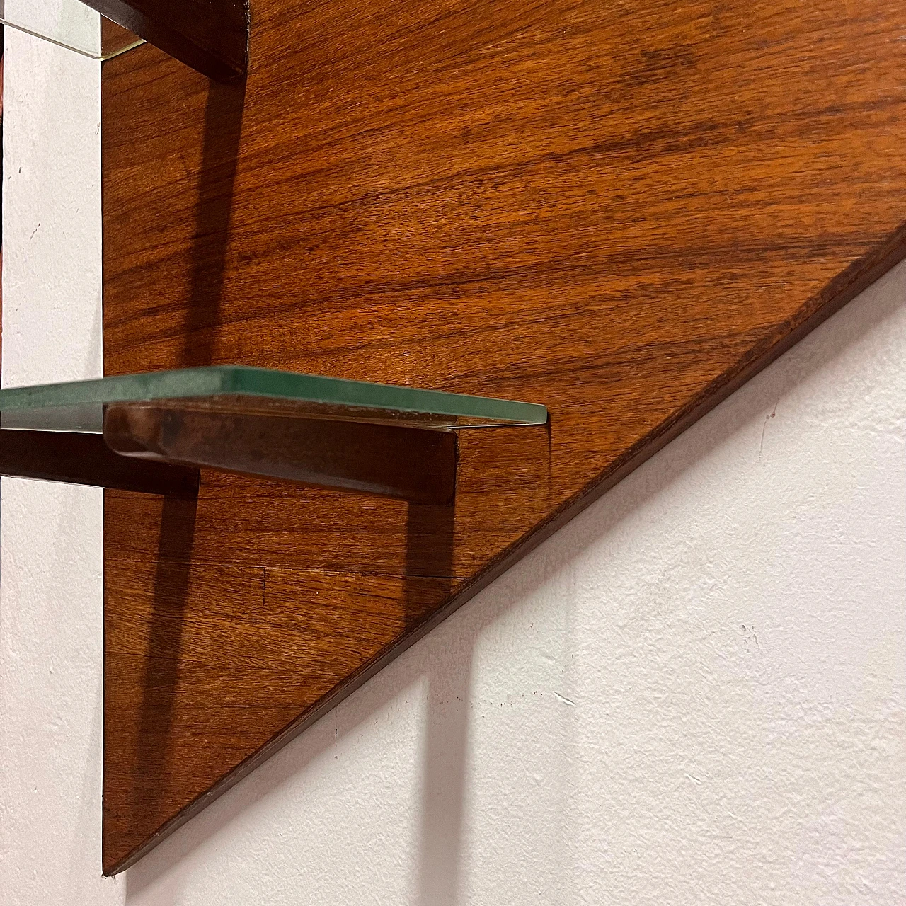 Triangular wood wall bookcase with glass shelves, 1960s 7