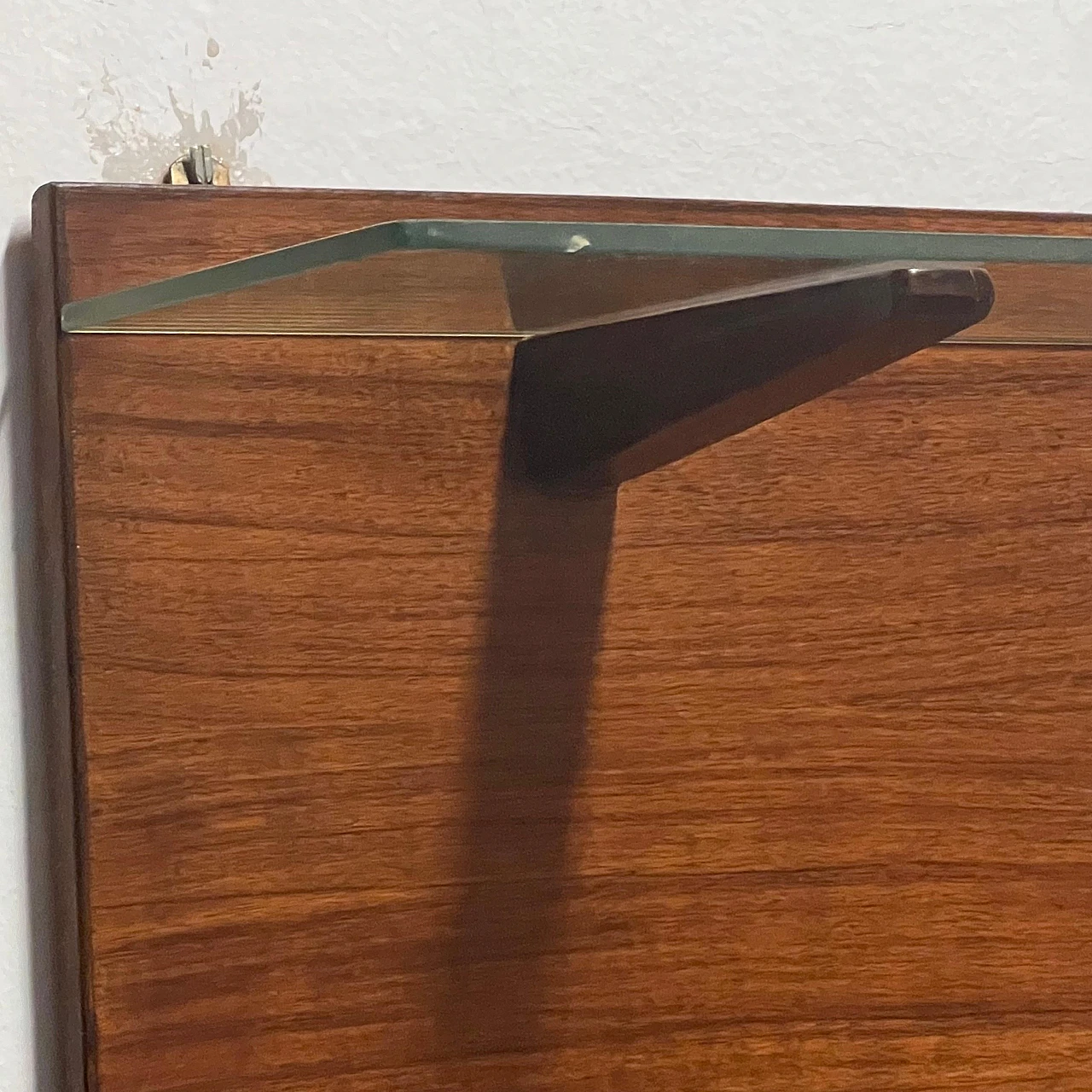 Triangular wood wall bookcase with glass shelves, 1960s 8