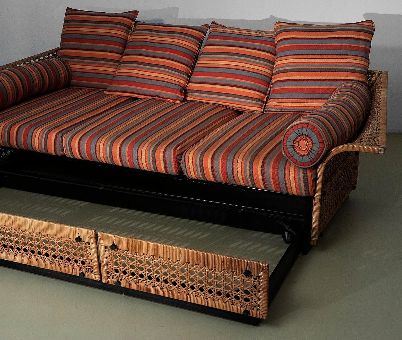 Sofa bed in metal & cane with striped fabric by M. Cecchi, 1965 2