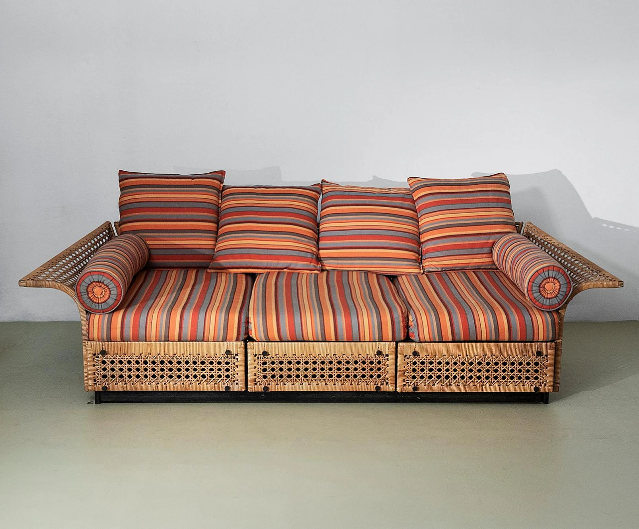 Sofa bed in metal & cane with striped fabric by M. Cecchi, 1965 3