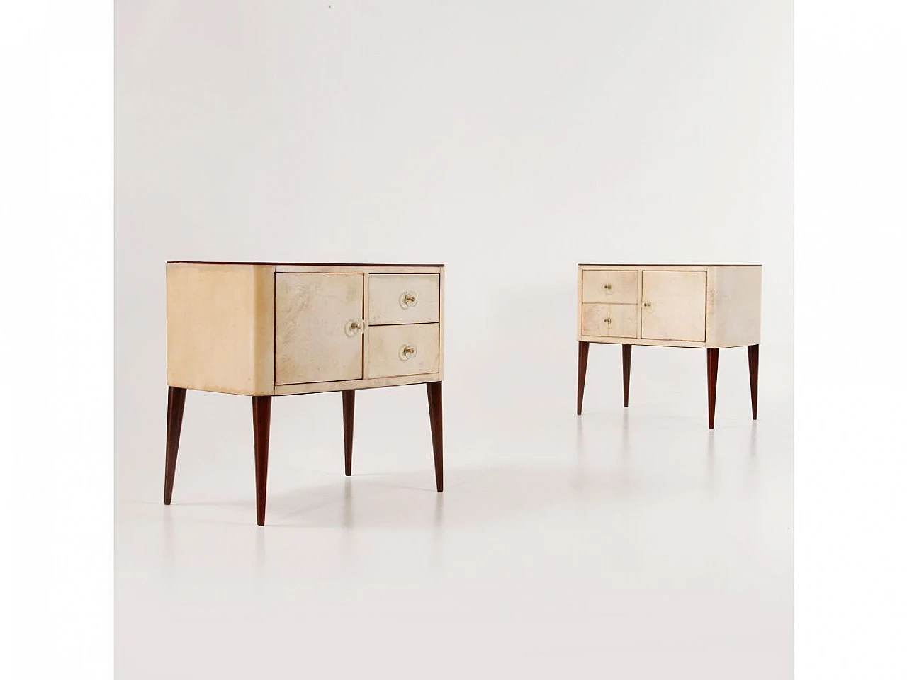 Pair of briar-root and parchment bedside tables, 1950s 1