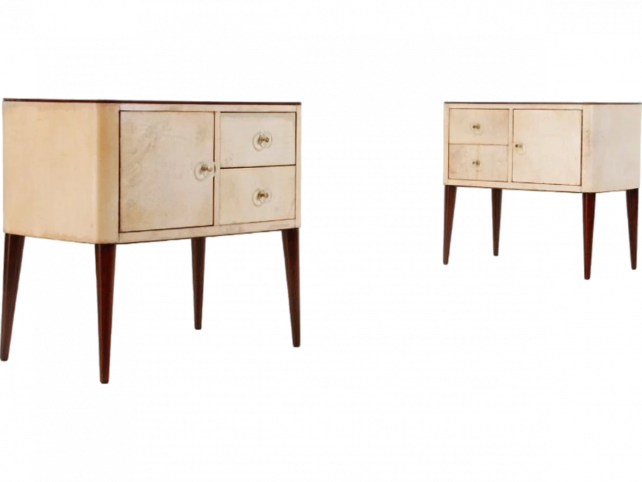 Pair of briar-root and parchment bedside tables, 1950s 2