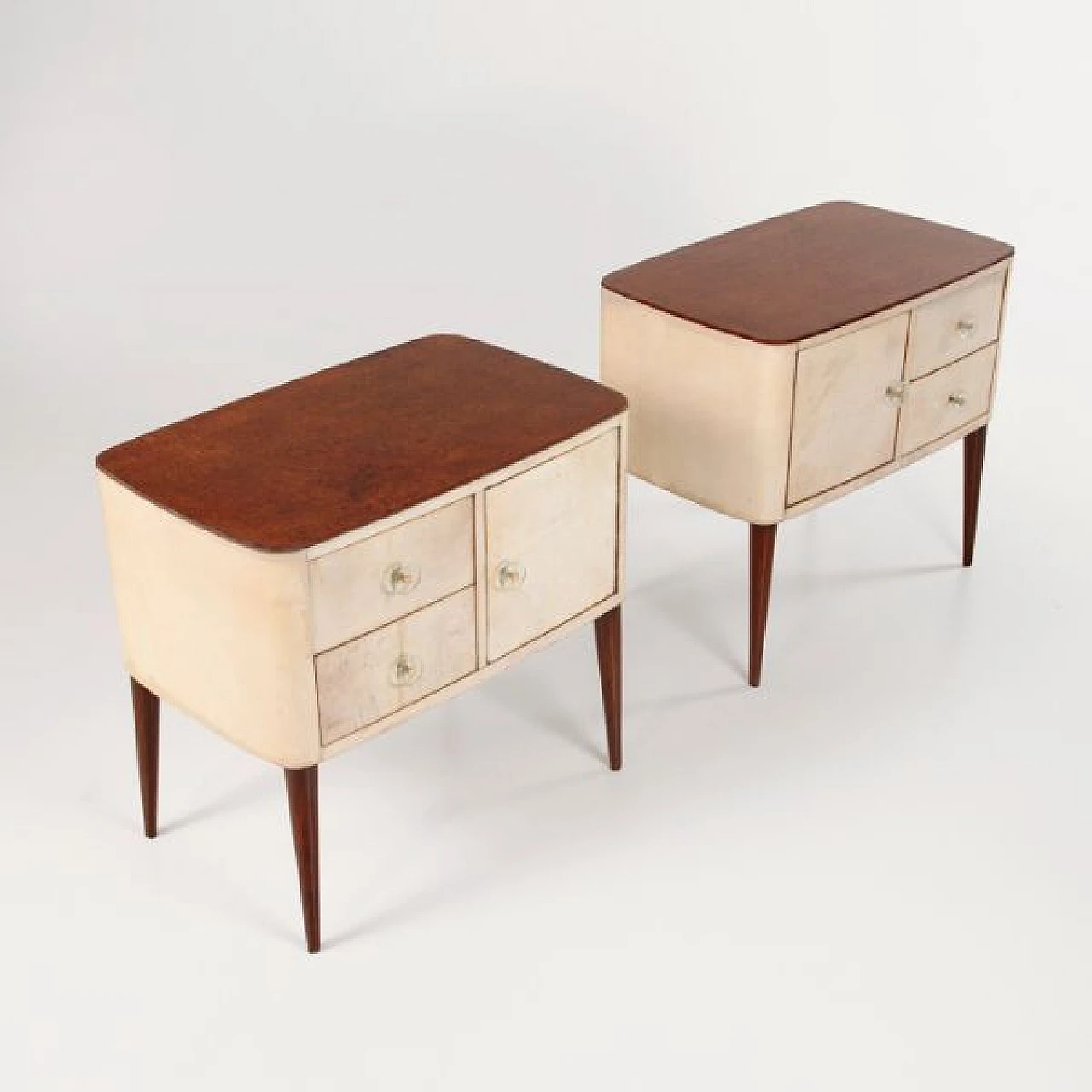 Pair of briar-root and parchment bedside tables, 1950s 3